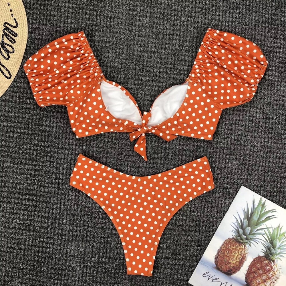 🌠1left! Orange polka dot bikini puff sleeve swim - Picture 2 of 12